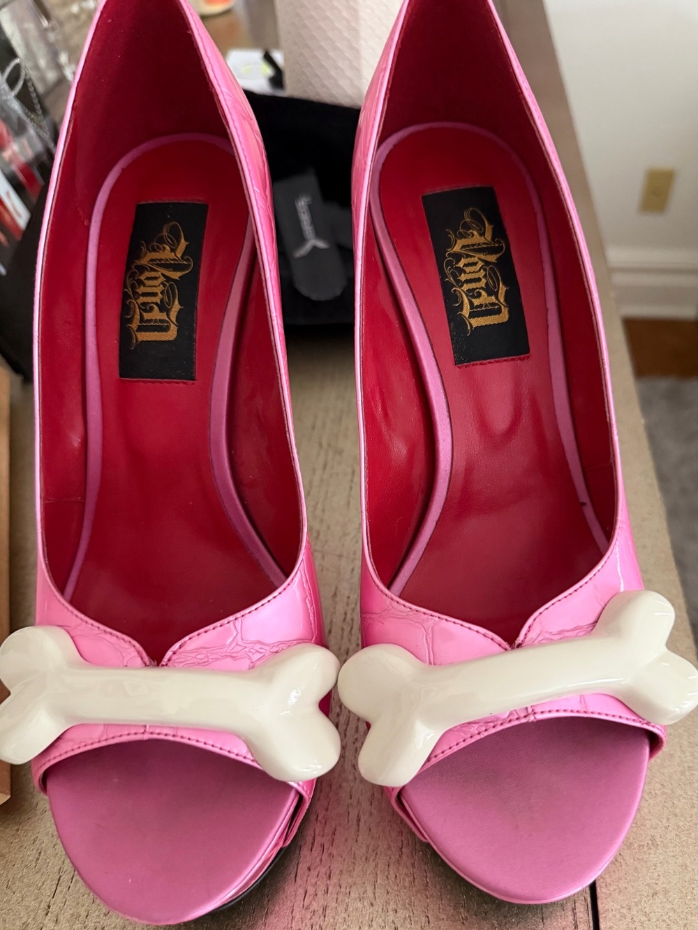 Kat Von D Pink Peep-Toe Heels with Cream Bone Accent